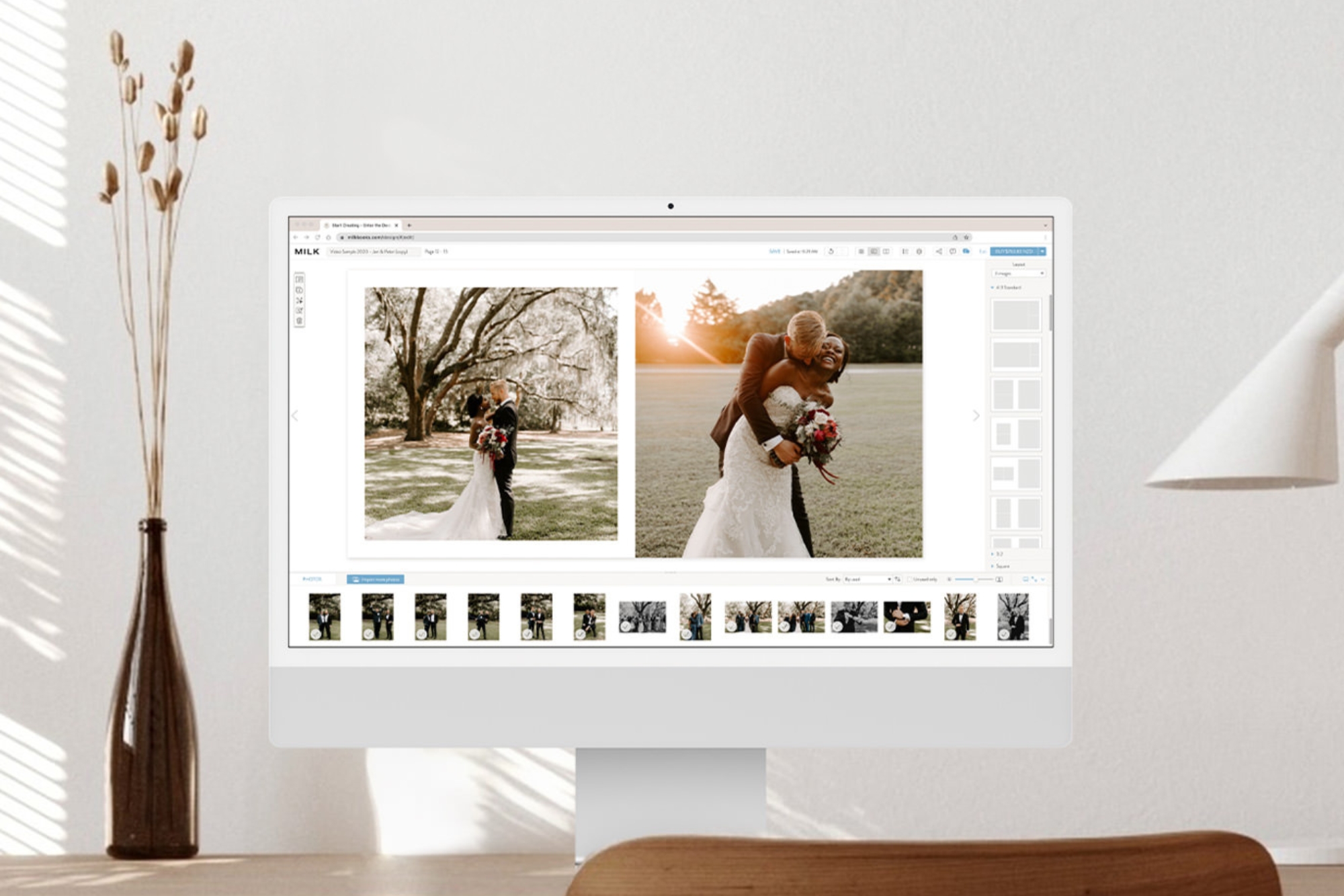 Desktop screen showing wedding photo book being made with the MILK Design Studio.