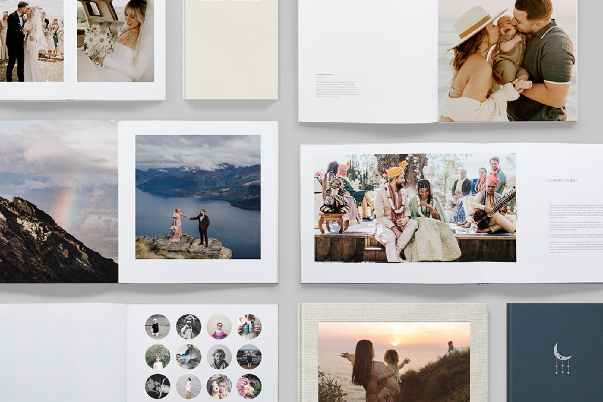 Various sizes and orientations of Premium Photo Books showing off designer page templates.