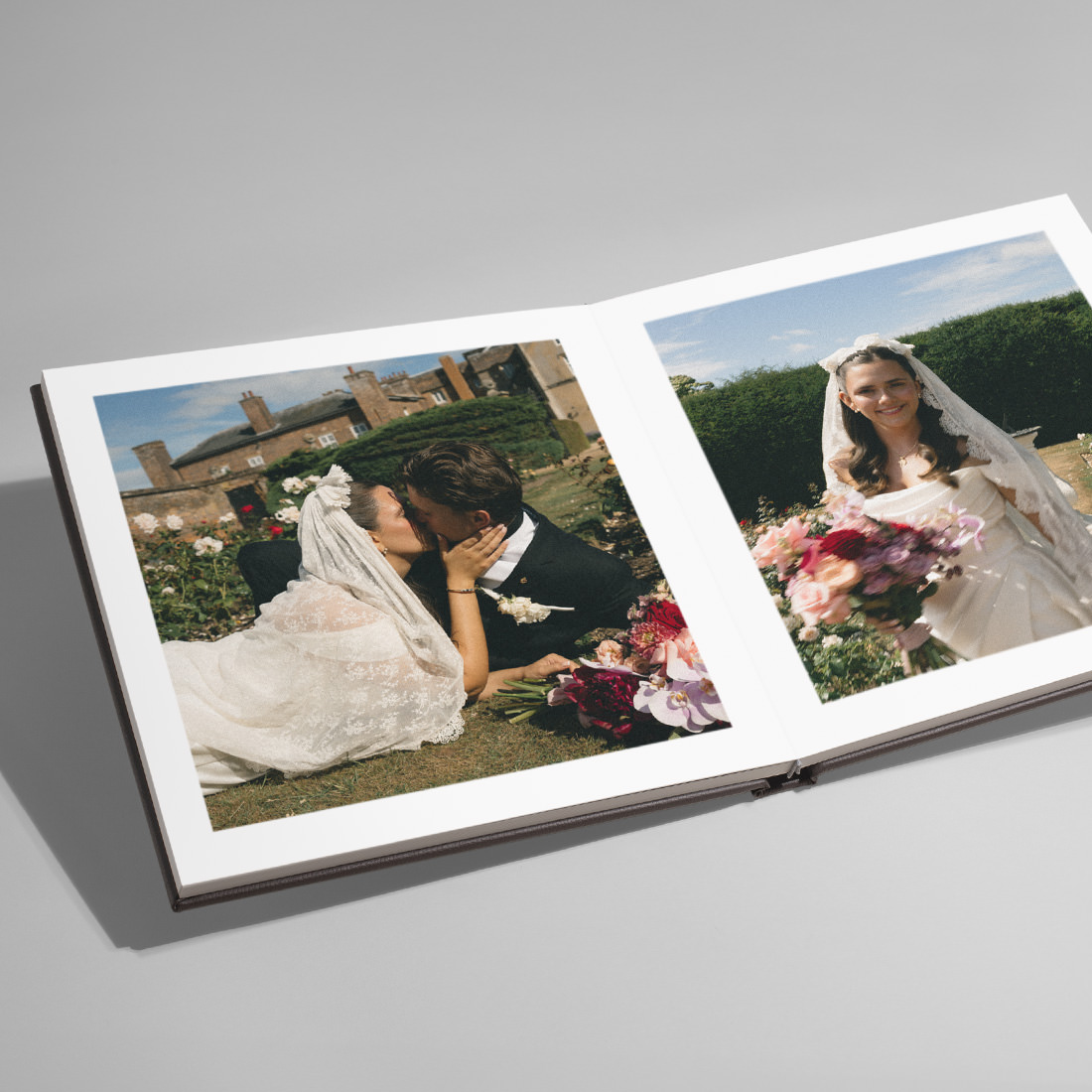 Open Large Square Leather Photo Album with wedding photos printed on double-page spread.