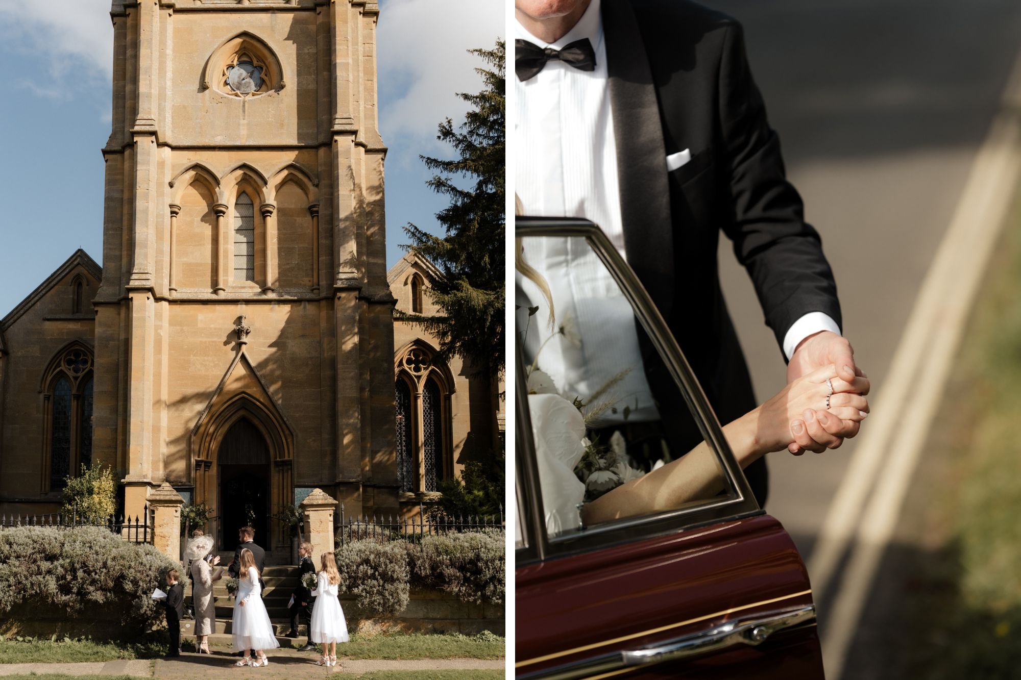 Front of the church with bride getitng out of the car