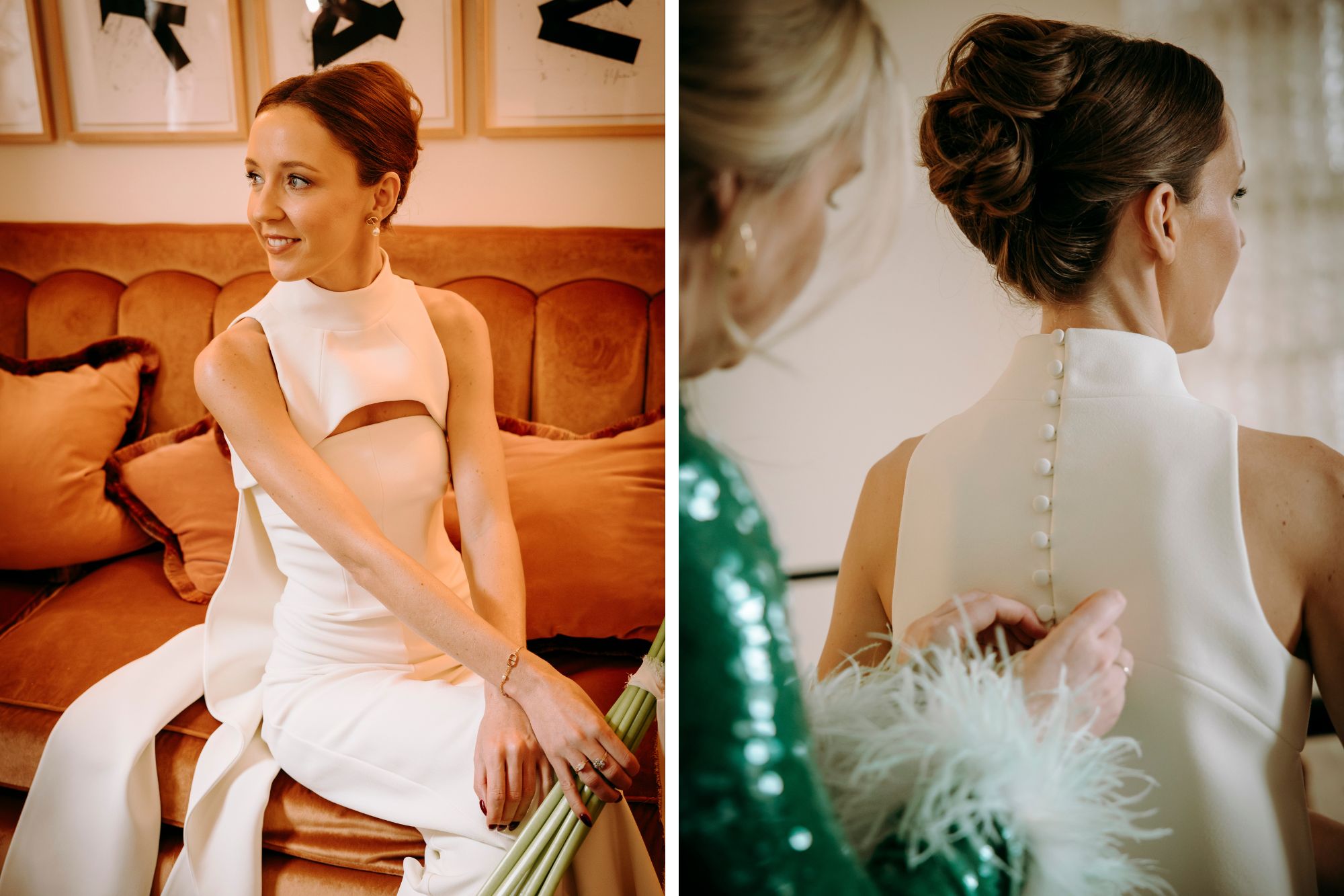 Bride getting dressed for wedding smiling at camera