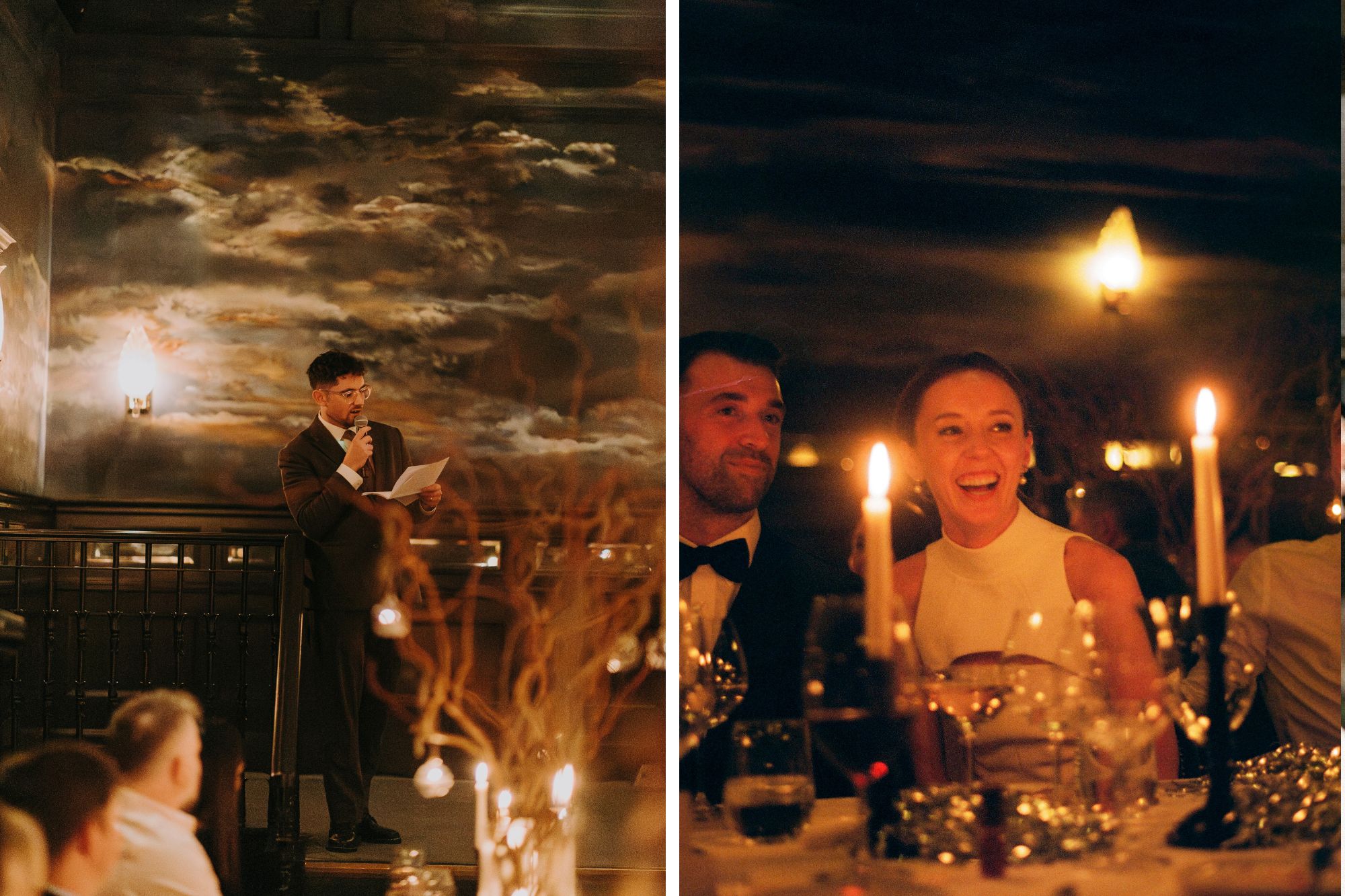 Man doing a speech and bride looking up and smiling