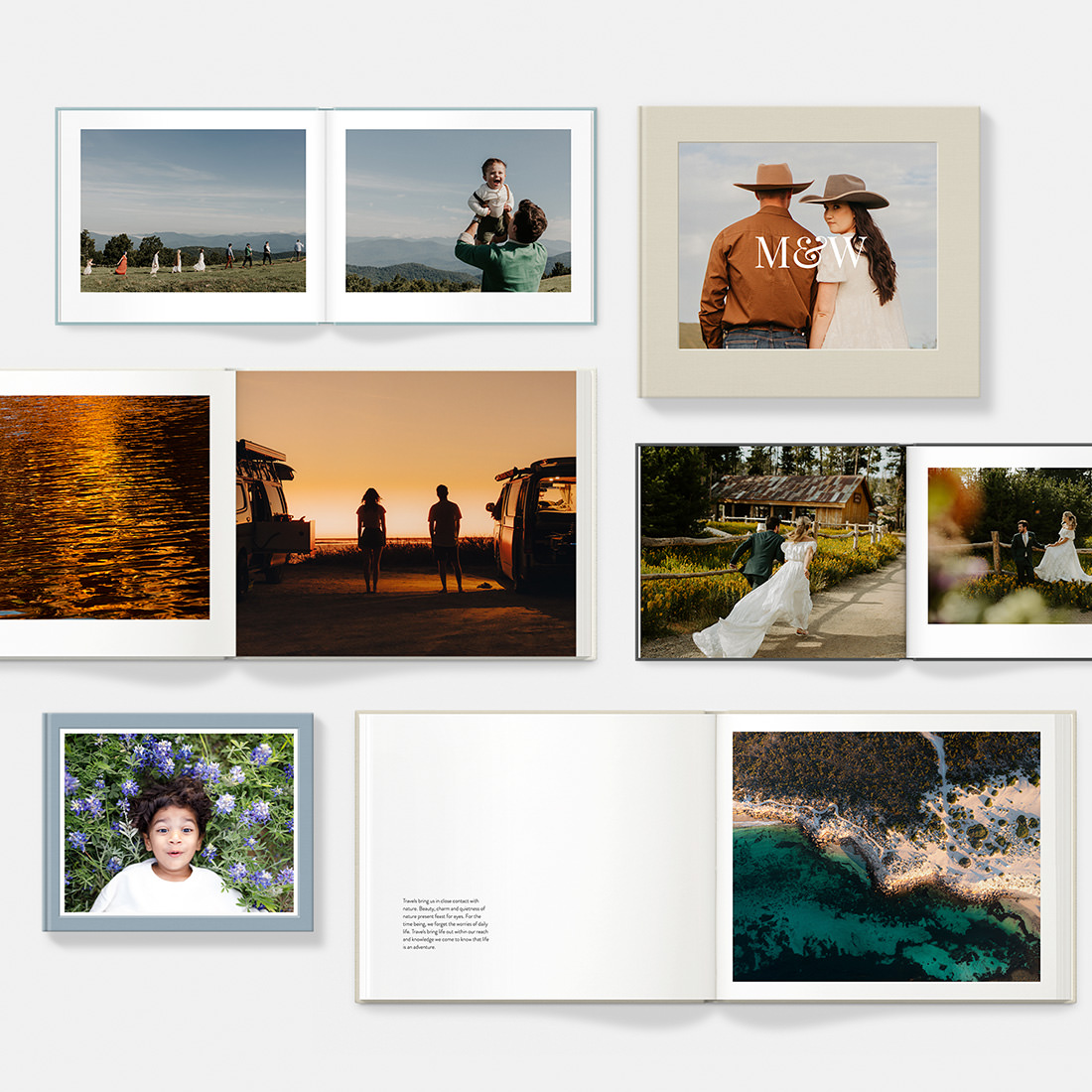 Range of Classic Photo Books laid in grid across a grey background.