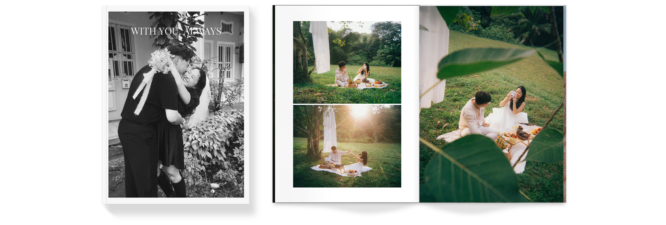 Open Wedding Magazine with couple sharing a picnic in photos on double-page spread.