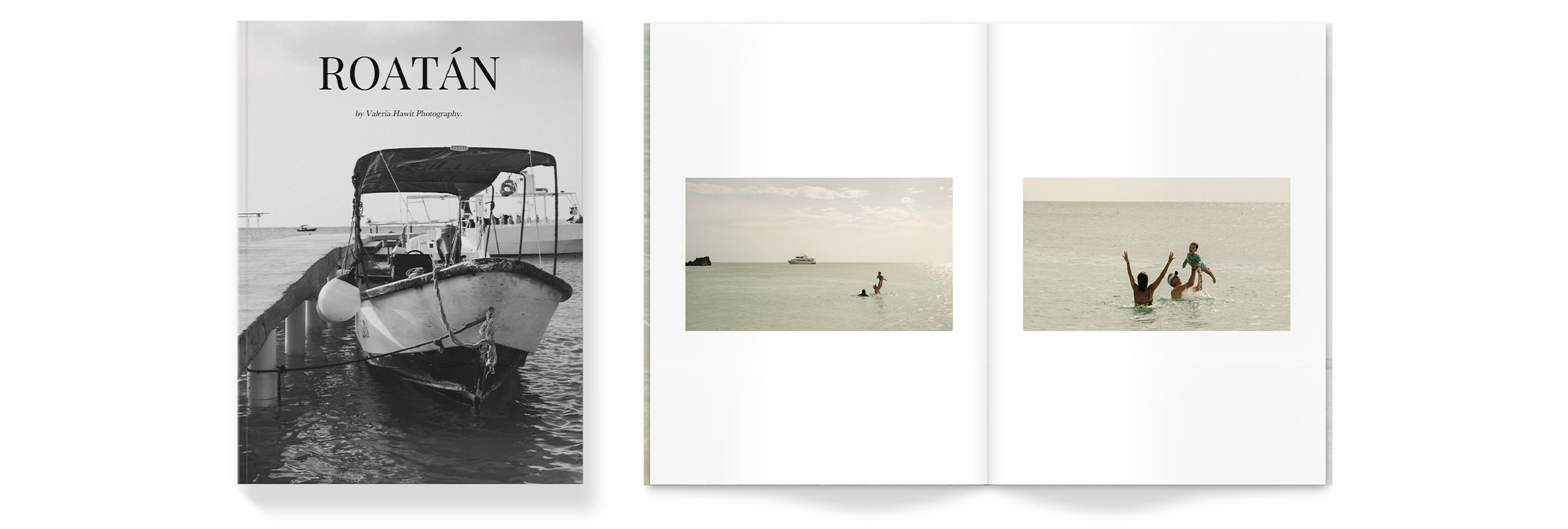 Travel Magazine featuring a couple lifting a toddler while swimming in ocean under late midday sunshine.