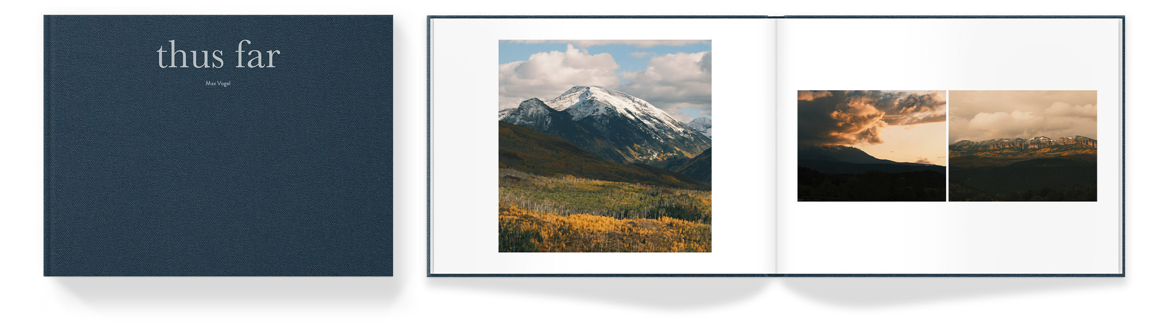 A photo book featuring several photos of mountains in Colorado with yellow flowers and lush green hills.
