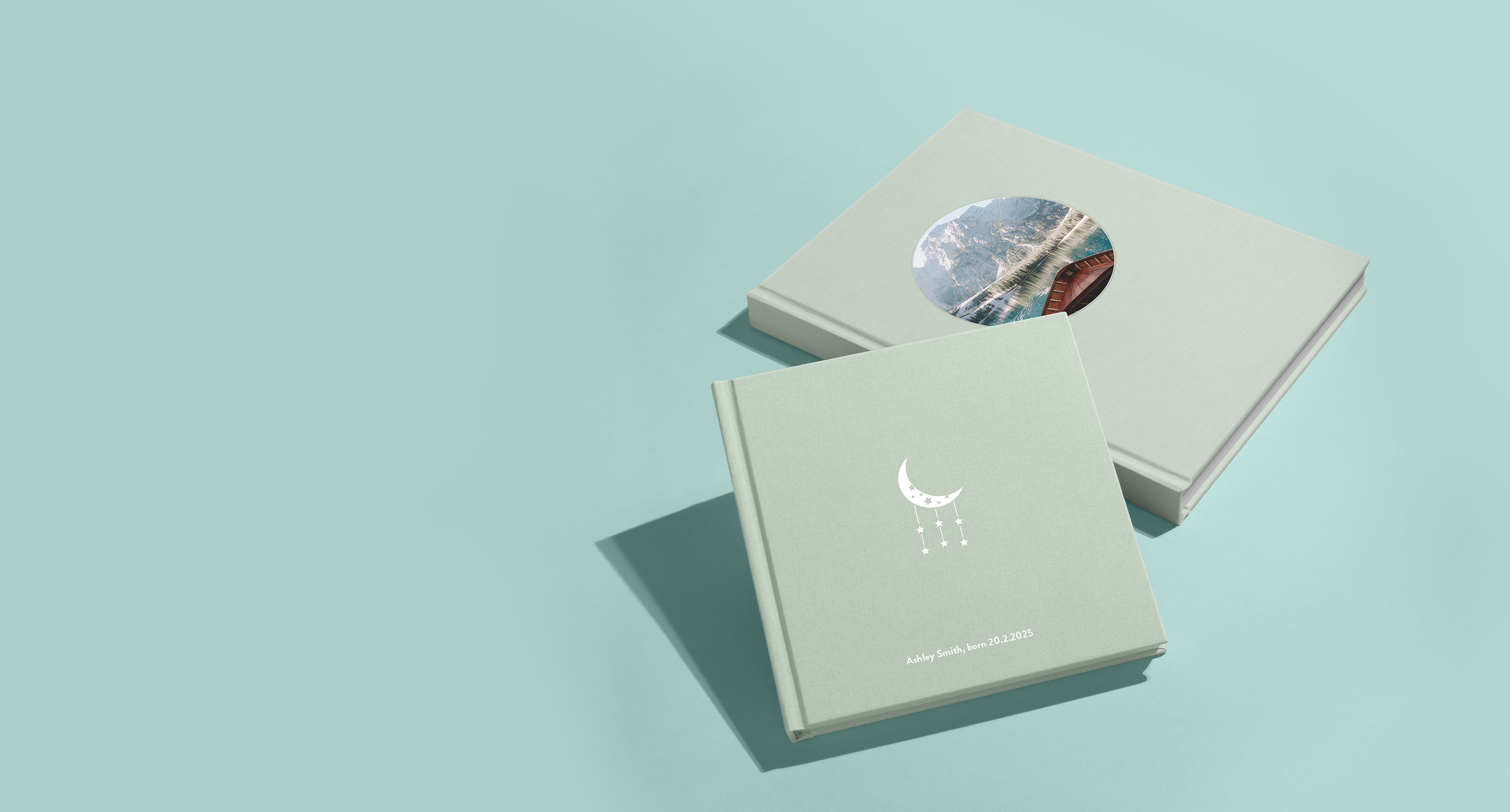 Two Square Premium Photo Books in Pistachio Linen.