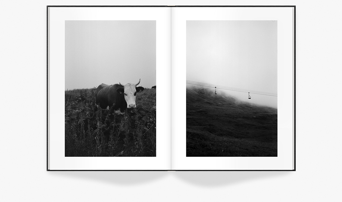 Open Premium Photo Book with photos of a cow and a gondola on a misty hill.