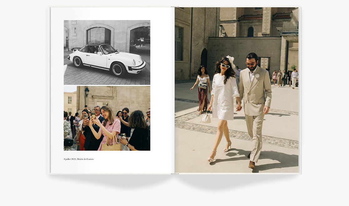 Open Premium Photo Book with newlywed couple walking hand in hand across courtyard.