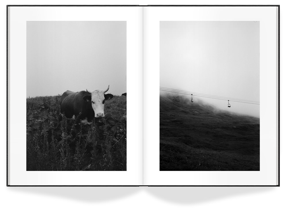 Open Premium Photo Book with photos of a cow and a gondola on a misty hill.