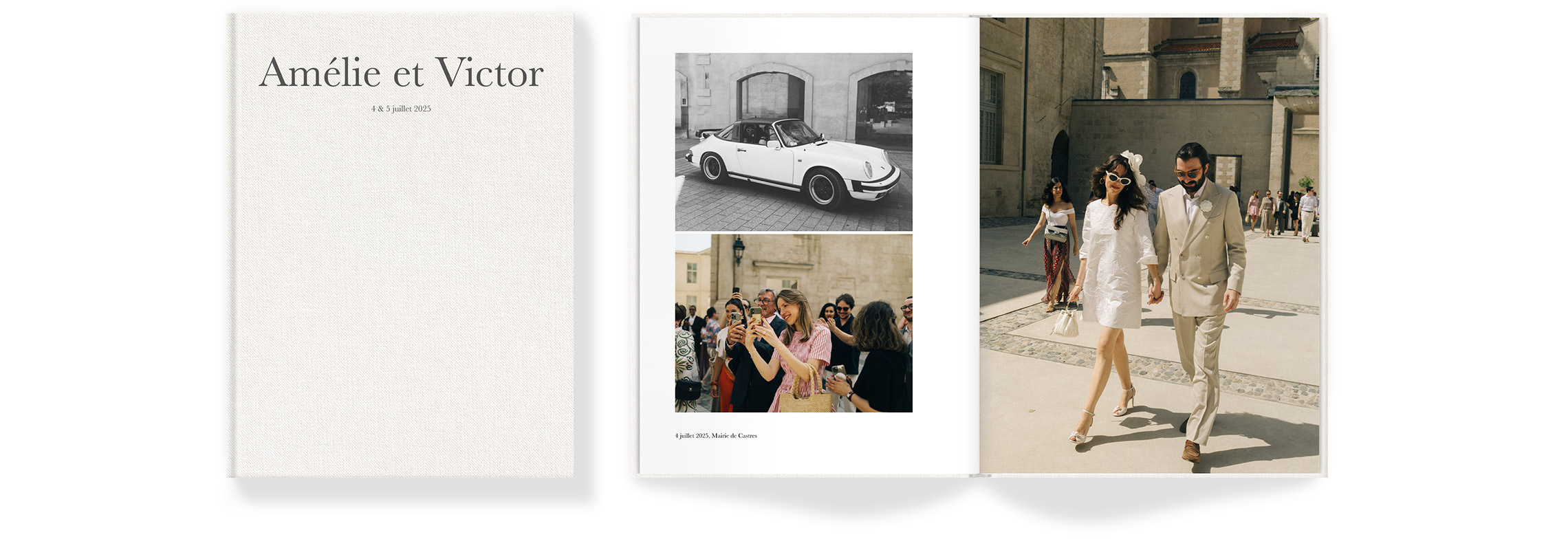 Open Premium Photo Book with newlywed couple walking hand in hand across courtyard.