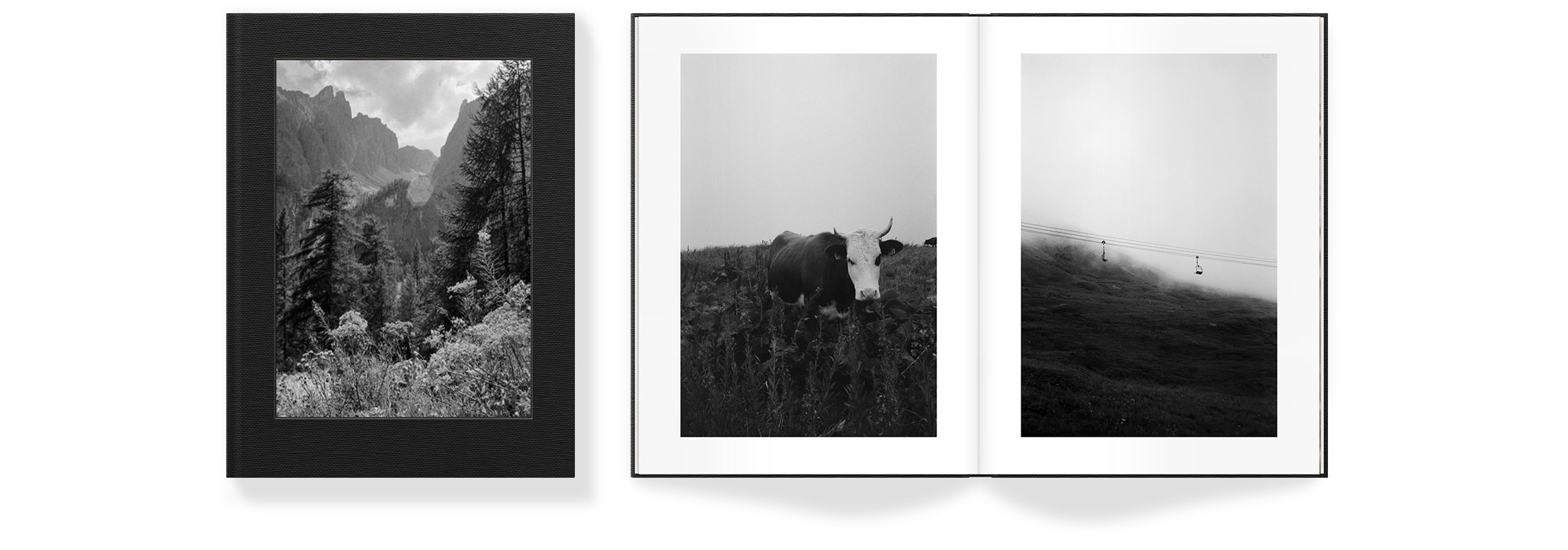 Open Premium Photo Book with photos of a cow and a gondola on a misty hill.