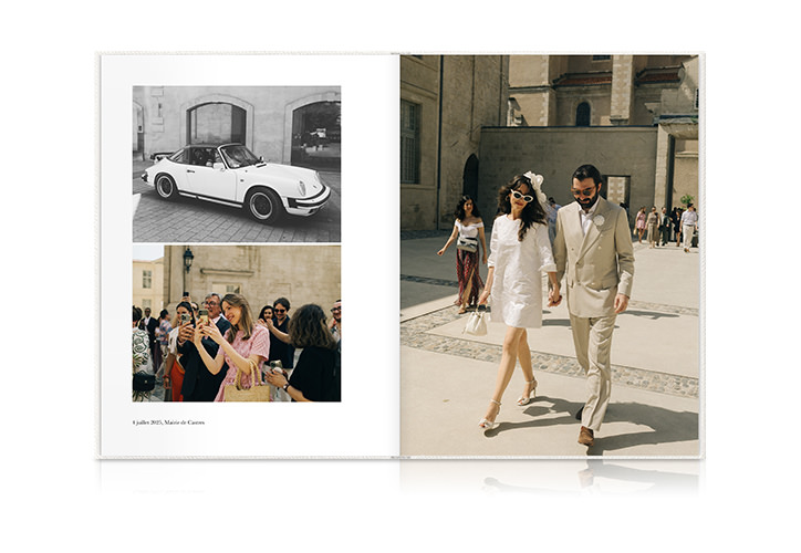 Open Premium Photo Book with newlywed couple walking hand in hand across courtyard.