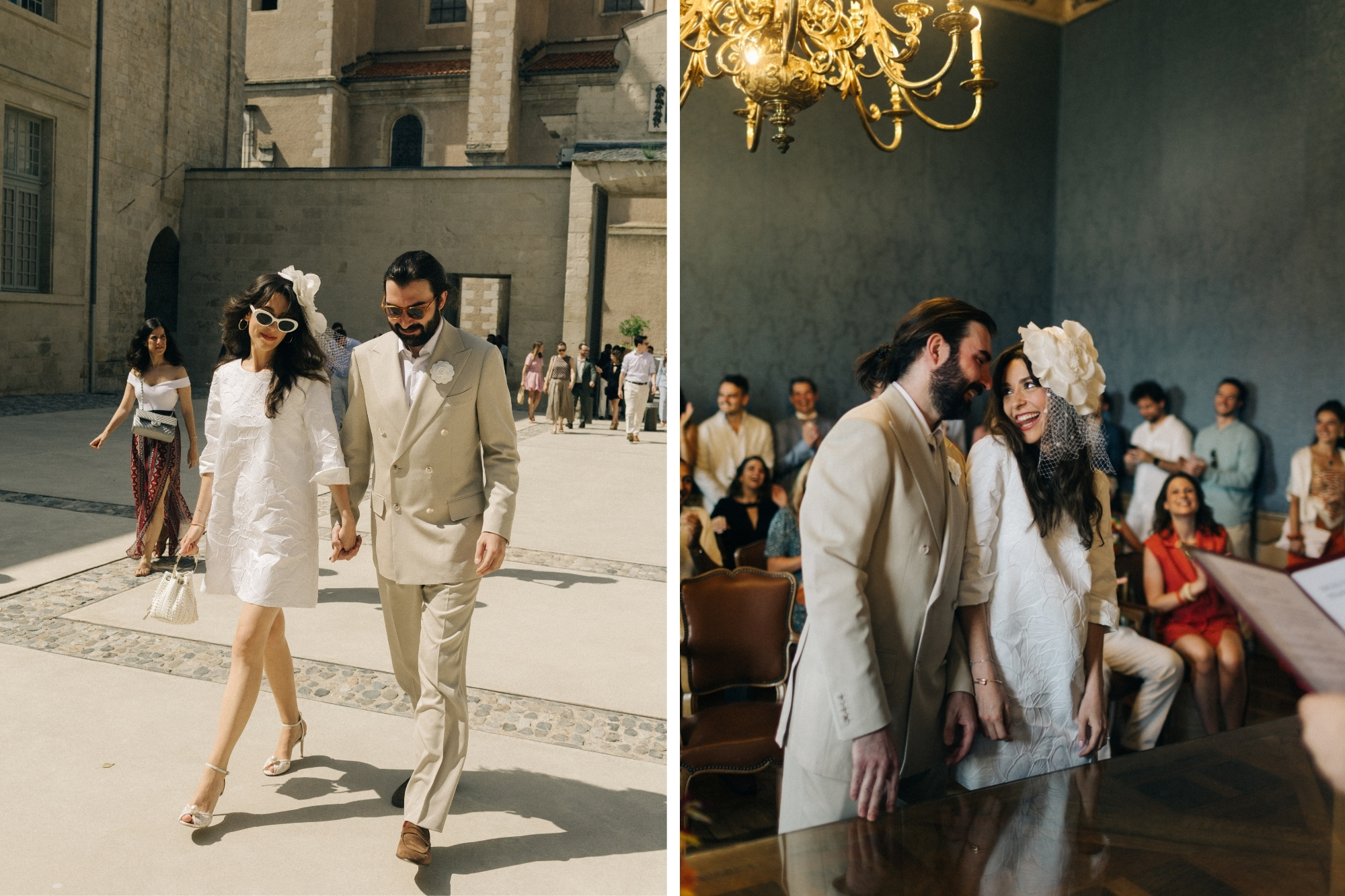 Left photo shows newlywed couple walking hand in hand across courtyard. Right photo shows newlywed couple smiling together as they sign wedding documents.