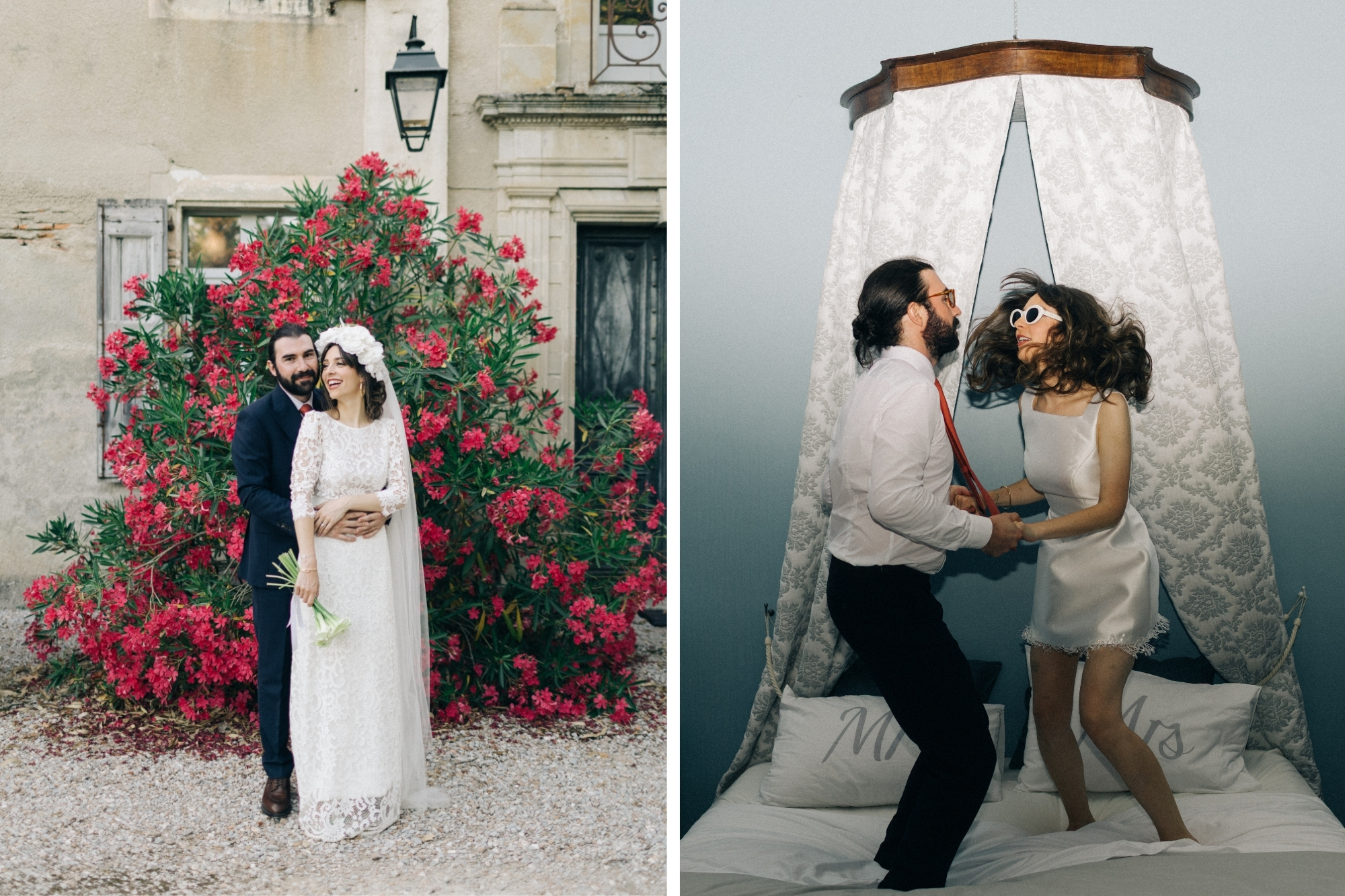 Left photo shows newlywed couple in wedding attire standing in front of bright pink oleaner flowers. Left photo shows newlywed couple holding hands jumping on bed together.