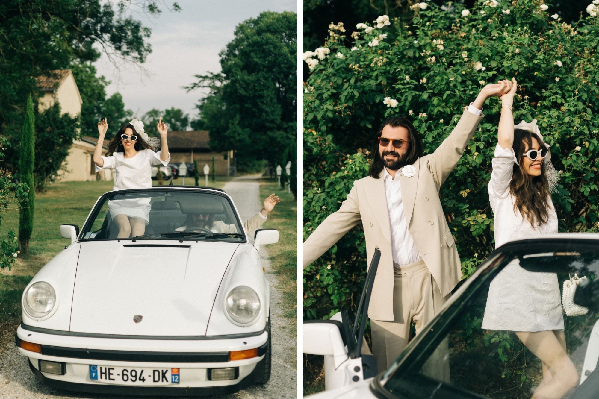 Bride wearing white sunglasses sits outside of white convertible car and waves her hands as groom drives.
