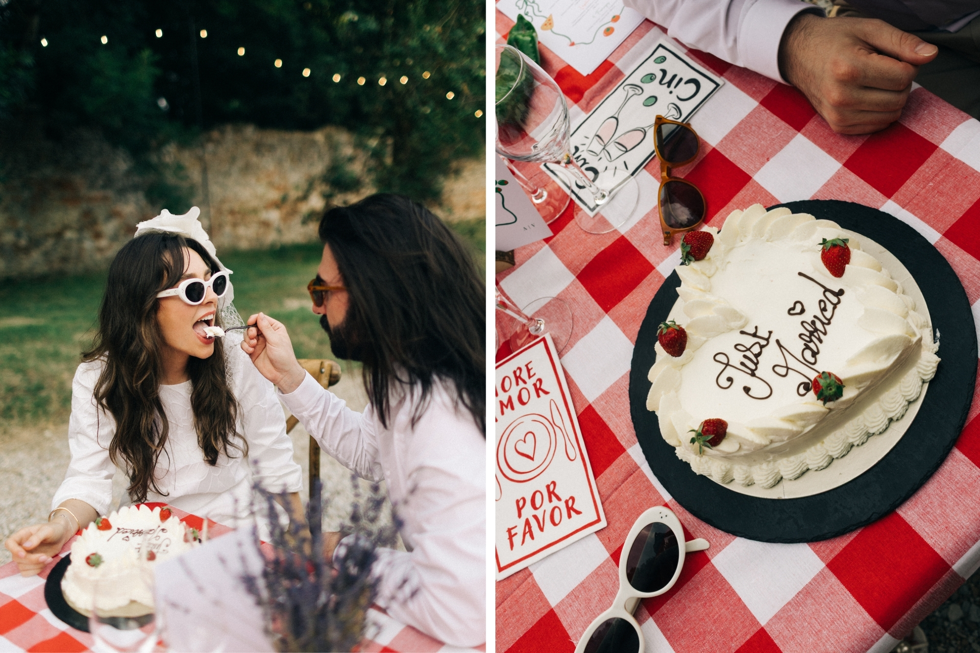 Groom feeds wedding cake to bride on vintage red and white tablecloth lined table.