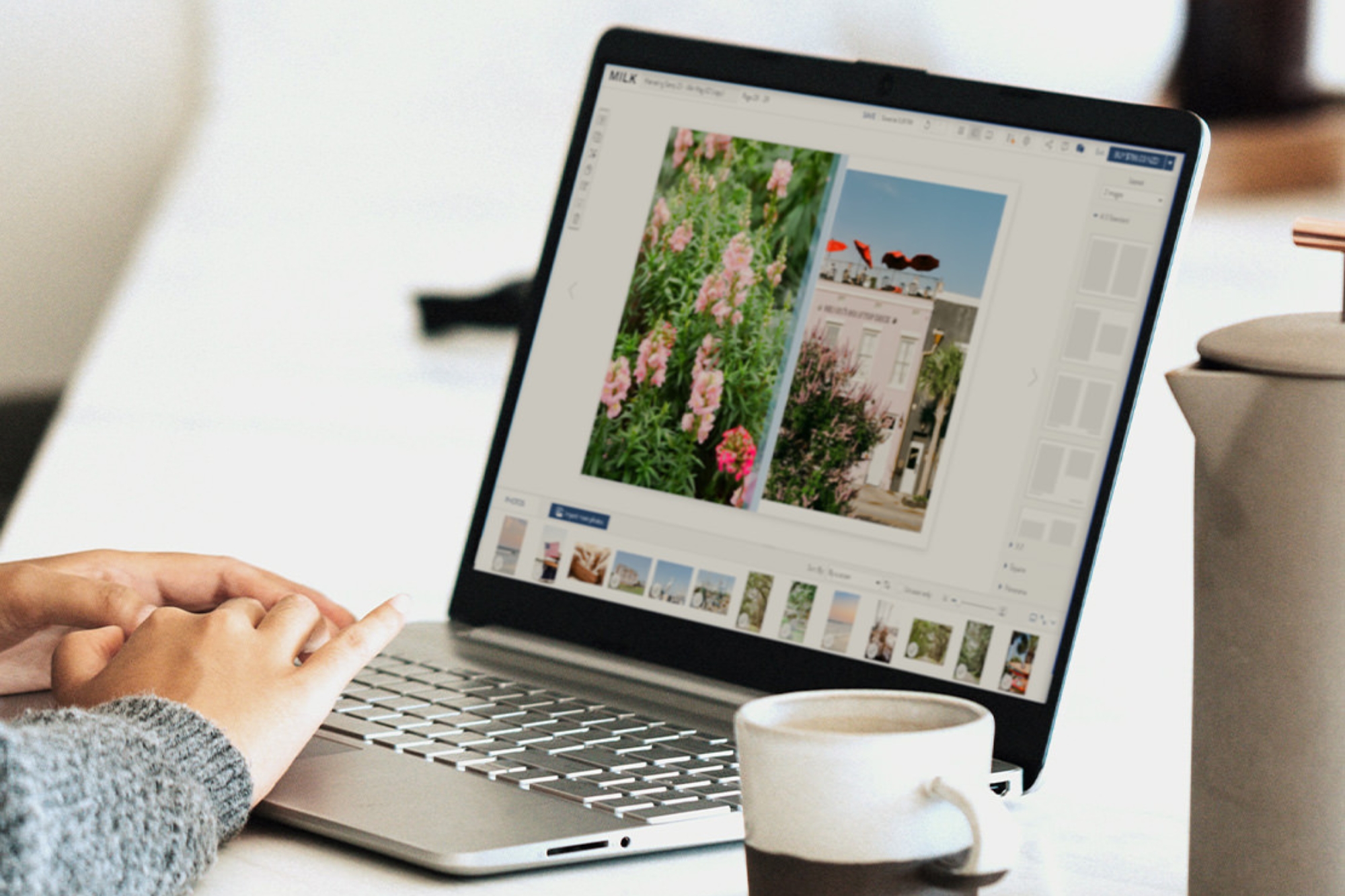 Scrolling through photos in MILK Design Studio on a silver laptop.