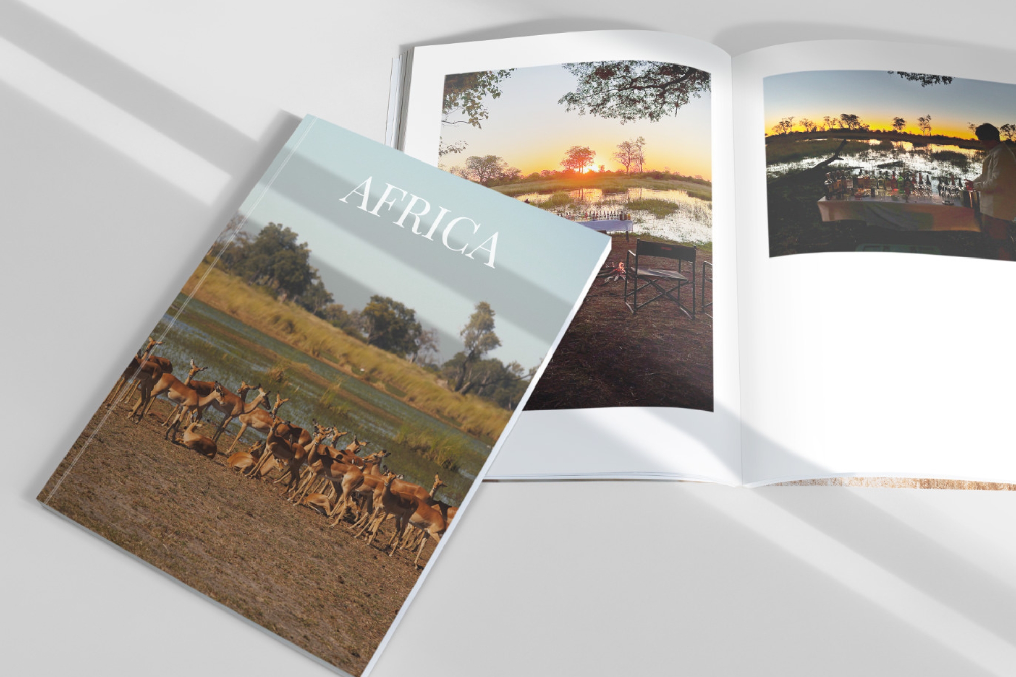 Two Mini Travel Magazines laying on top of each other over a grey background.