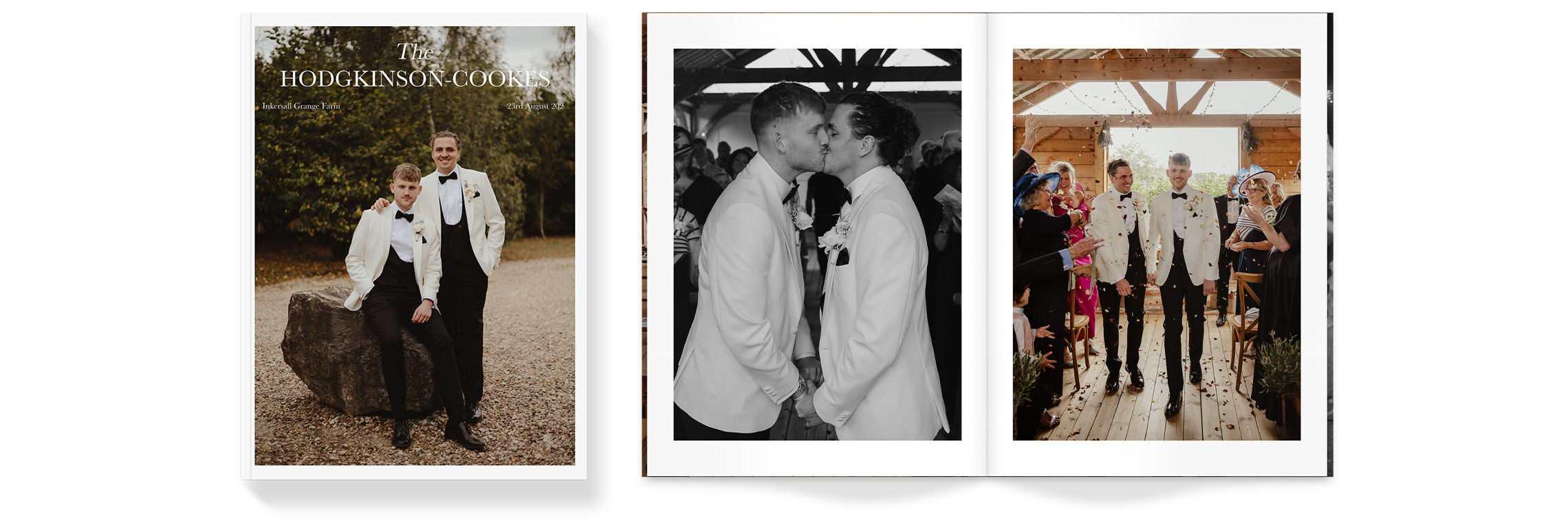 Open Large Wedding Magazine with newlywed male couple wearing matching attire.