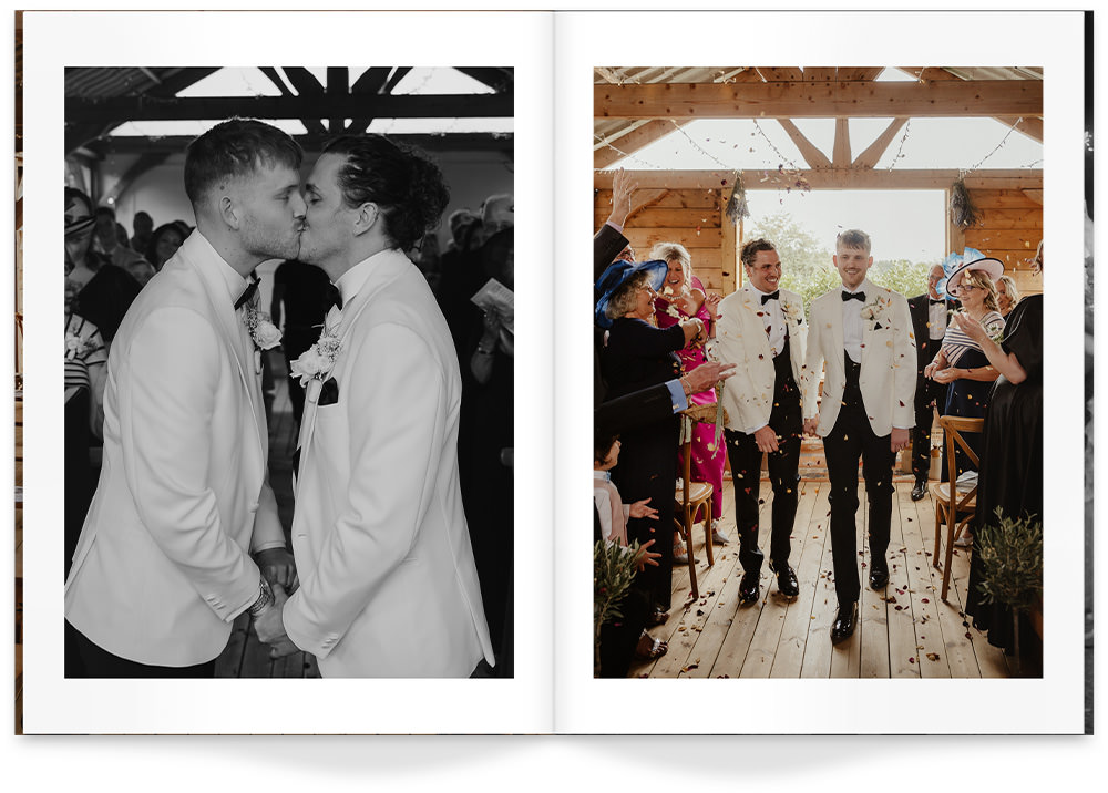 Open Large Wedding Magazine with newlywed male couple wearing matching attire.