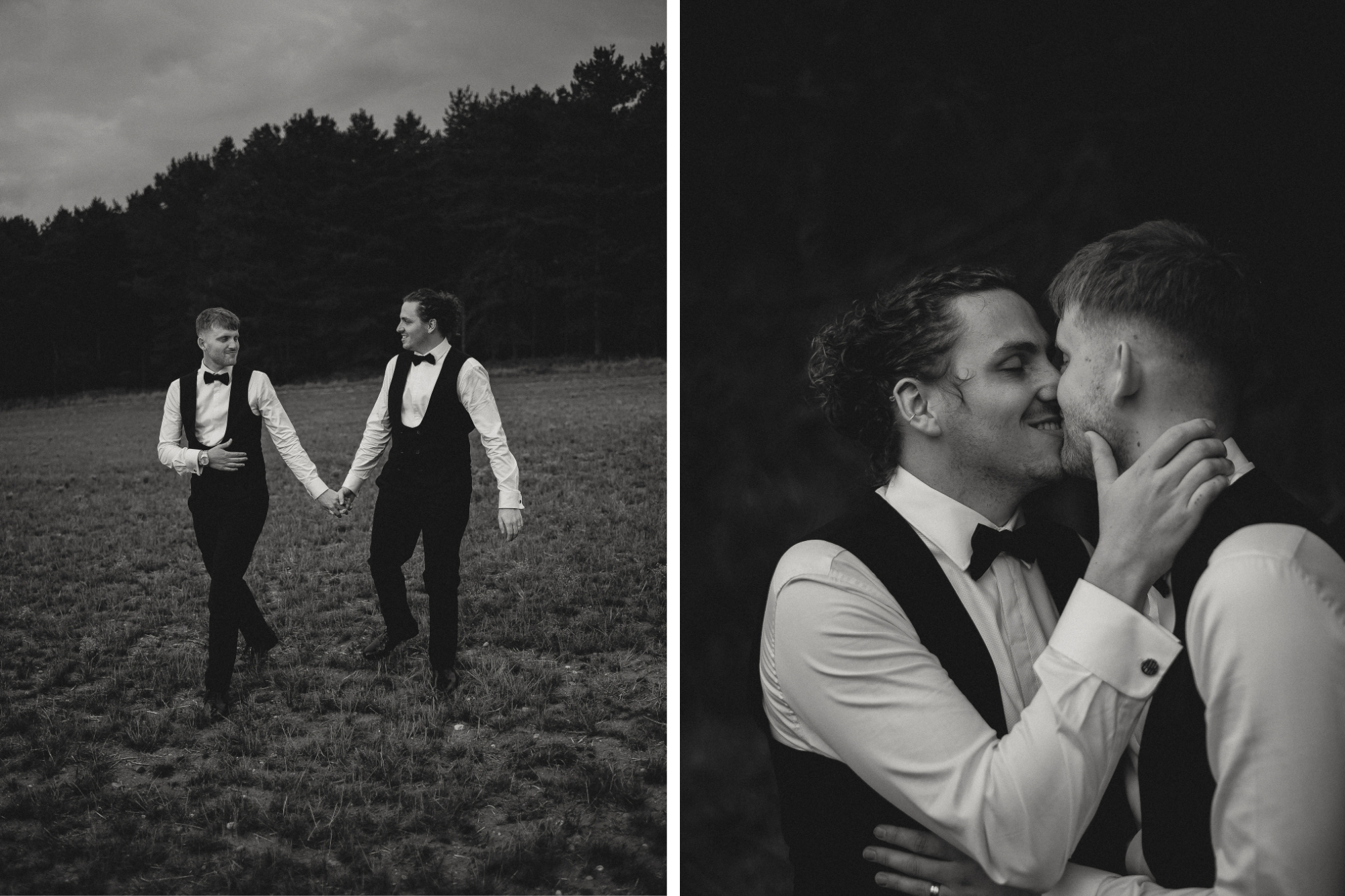 Black and white photos of two grooms walking hand in hand across field.