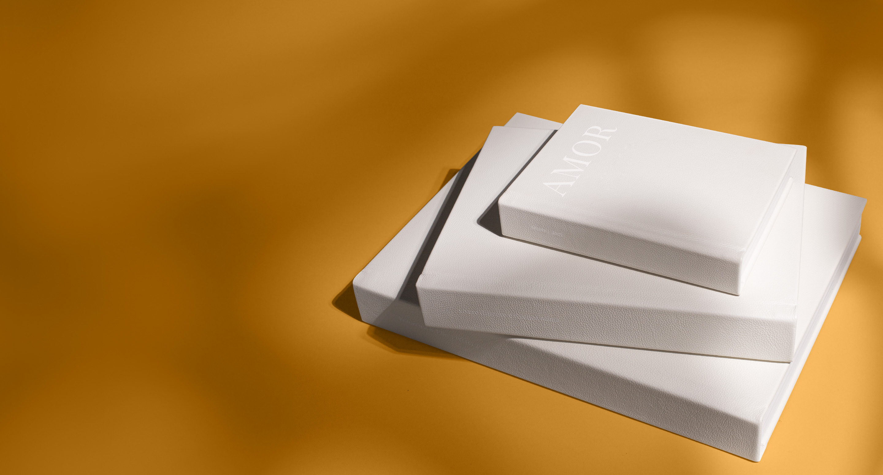 Libro de fotos vertical abierto sobre una caja de presentación.