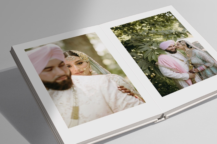Extra Large Premium Photo Album open revealing a newlywed Indian couple.