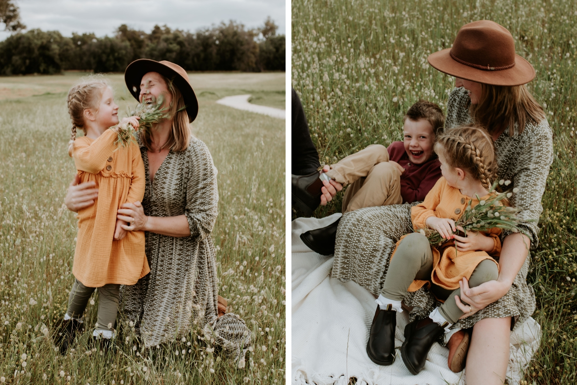 Mother and daughter sit on picnic blanket in middle of cotton field together.