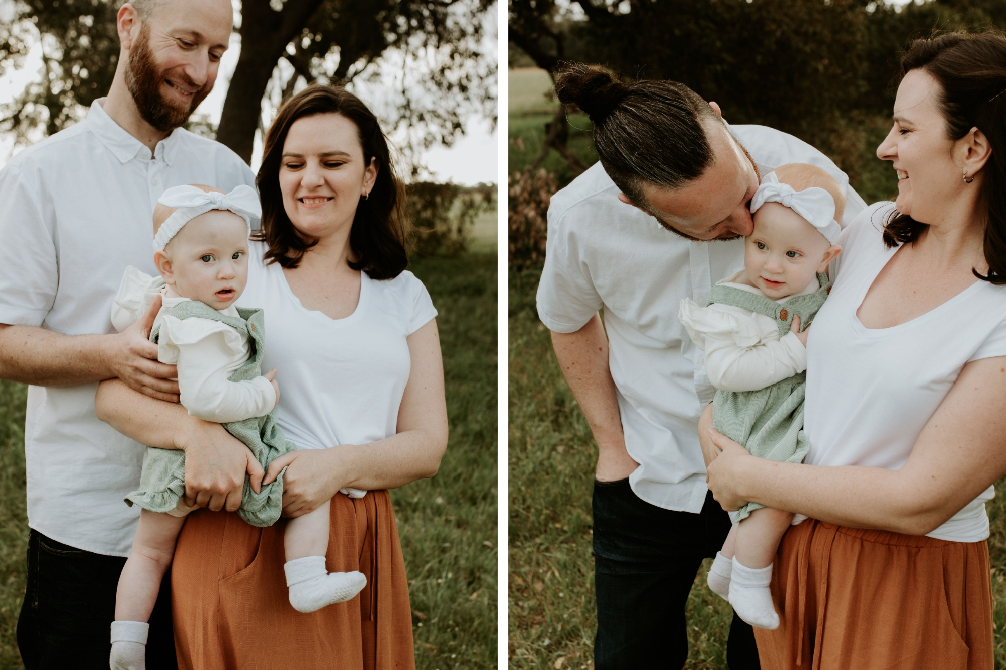 Parents holding a baby while smiling.