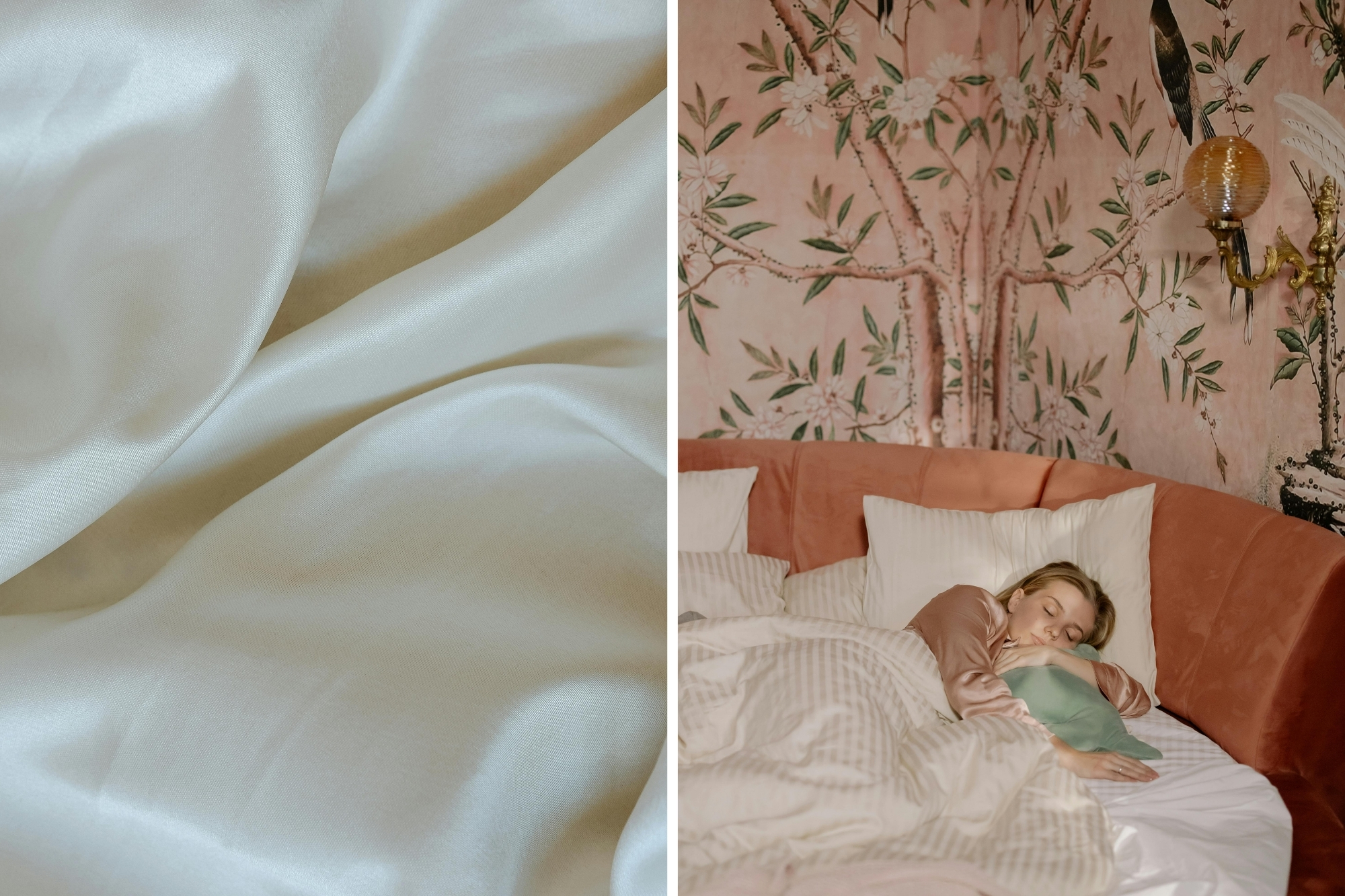 Girl in bed in silk sheets