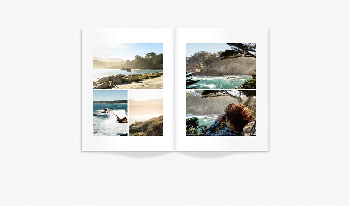 Open Mini Magazine with pictures of crashing waves on rocky cliffsides inside page spread.