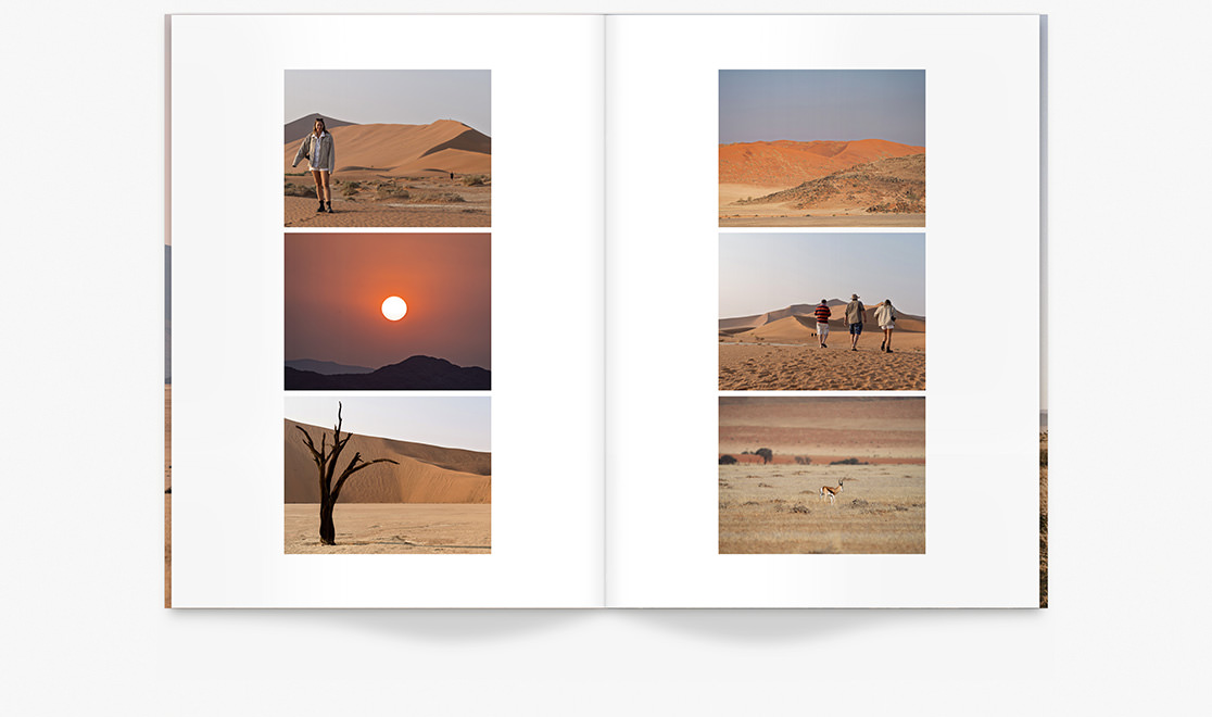 Open Large Travel Magazine of safari photos in sandy desert inside a double-page spread.