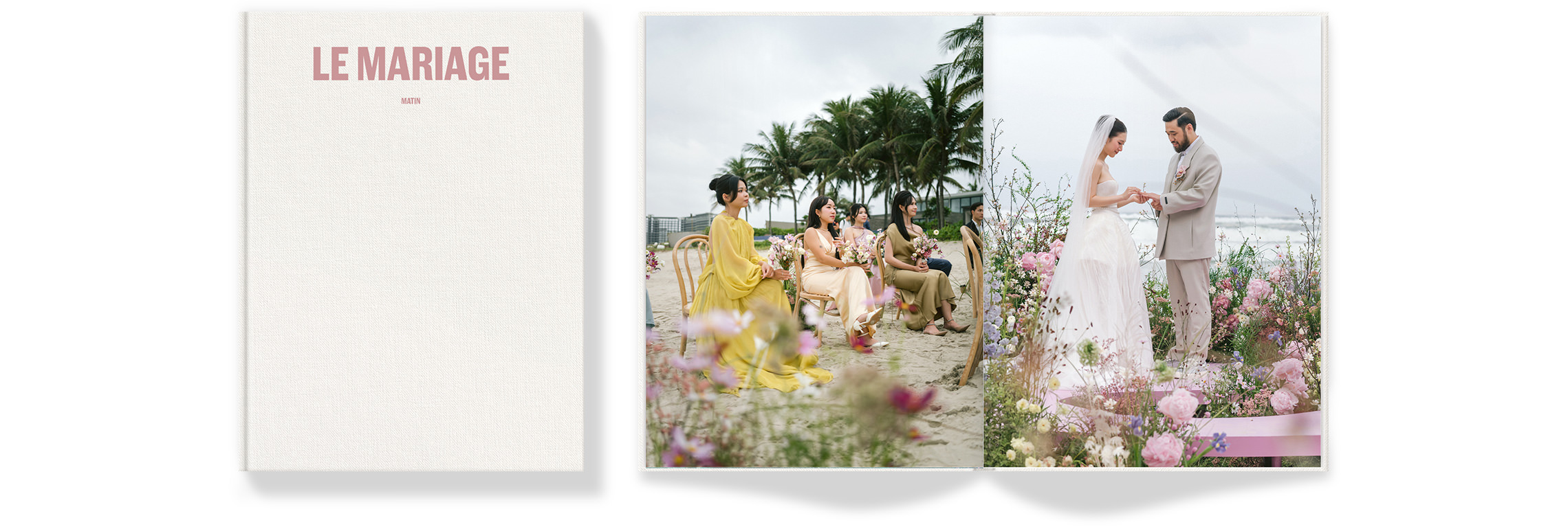 Open Large Portrait Premium Photo Book featuring a wedding on a beach covered in pink, yellow and green florals.