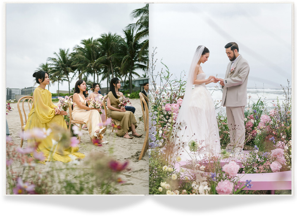 Open Large Portrait Premium Photo Book featuring a wedding on a beach covered in pink, yellow and green florals.