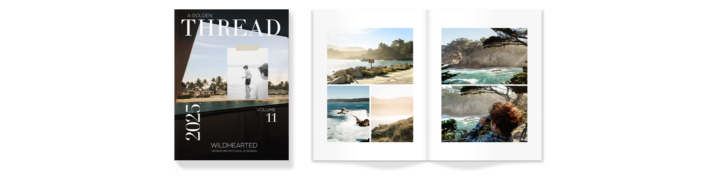 Open Mini Magazine with pictures of crashing waves on rocky cliffsides inside page spread.