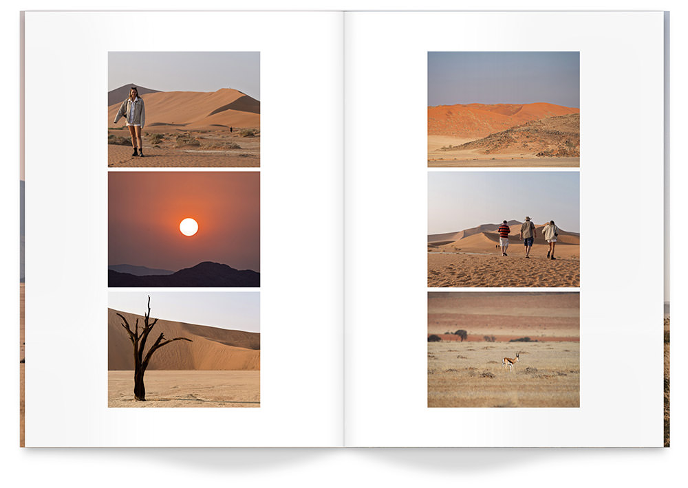 Open Large Travel Magazine of safari photos in sandy desert inside a double-page spread.