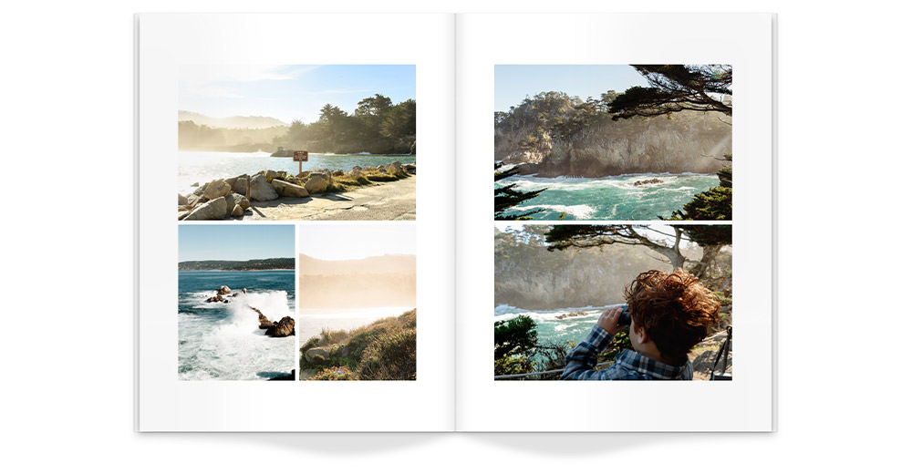 Open Mini Magazine with pictures of crashing waves on rocky cliffsides inside page spread.