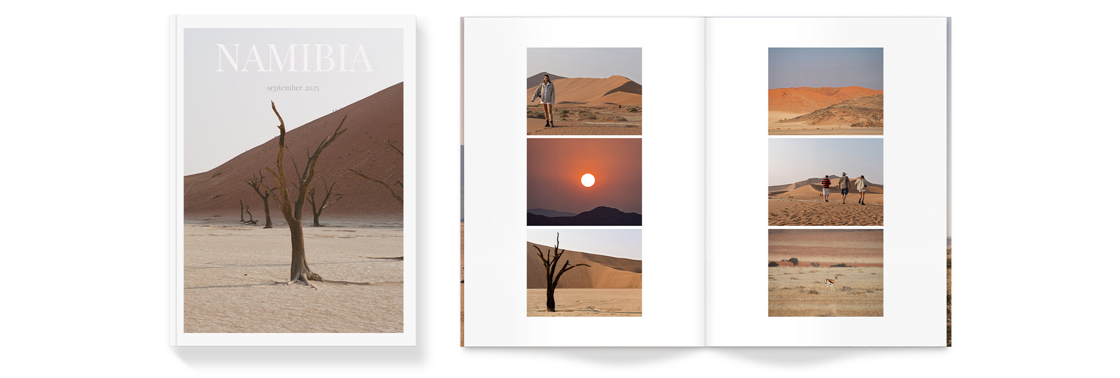Open Large Travel Magazine of safari photos in sandy desert inside a double-page spread.