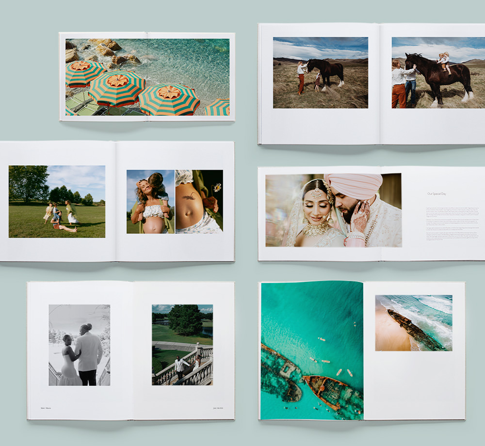 Nueve fotolibros abiertos que muestran las plantillas de diseño de MILK.