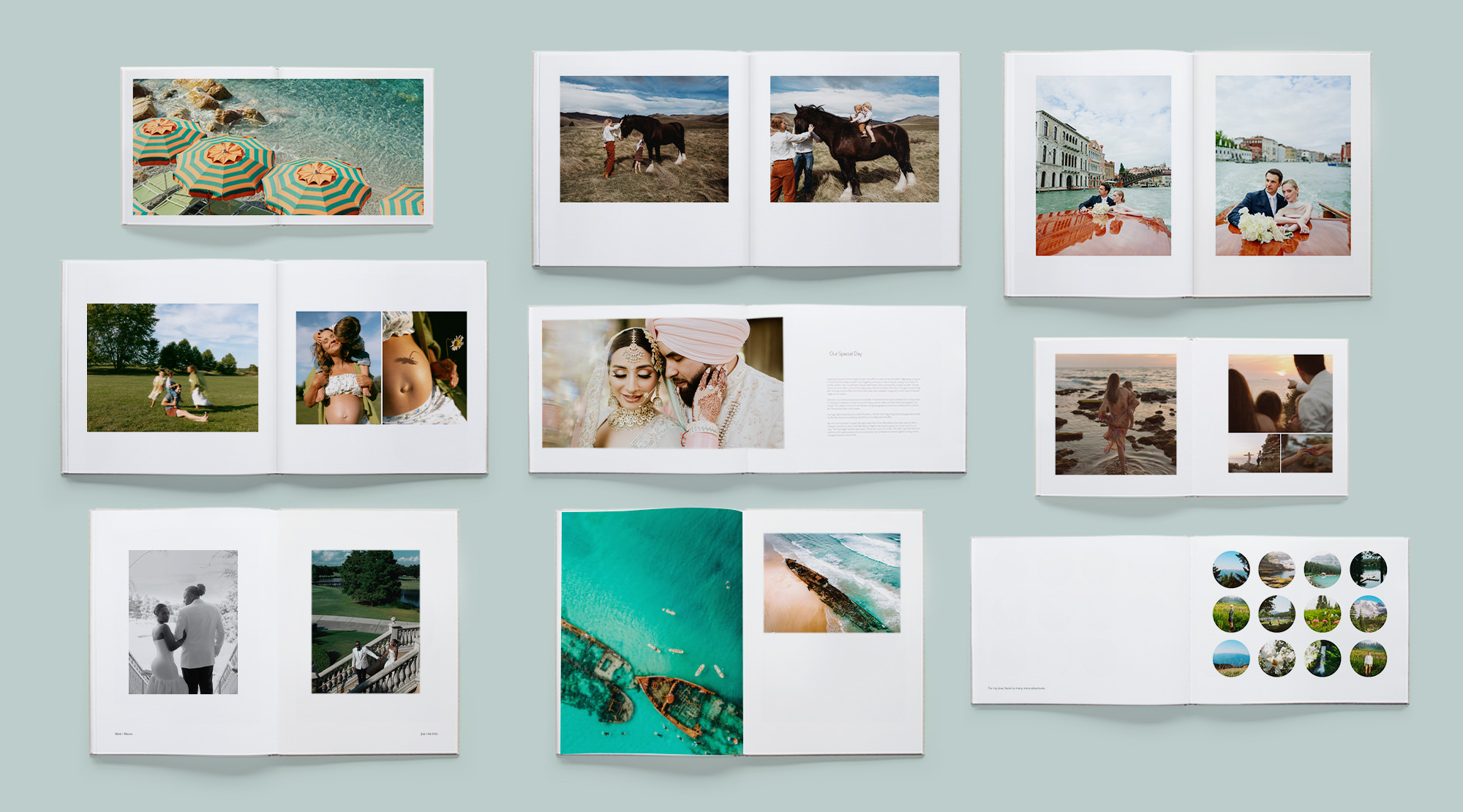 Nueve fotolibros abiertos que muestran las plantillas de diseño de MILK.