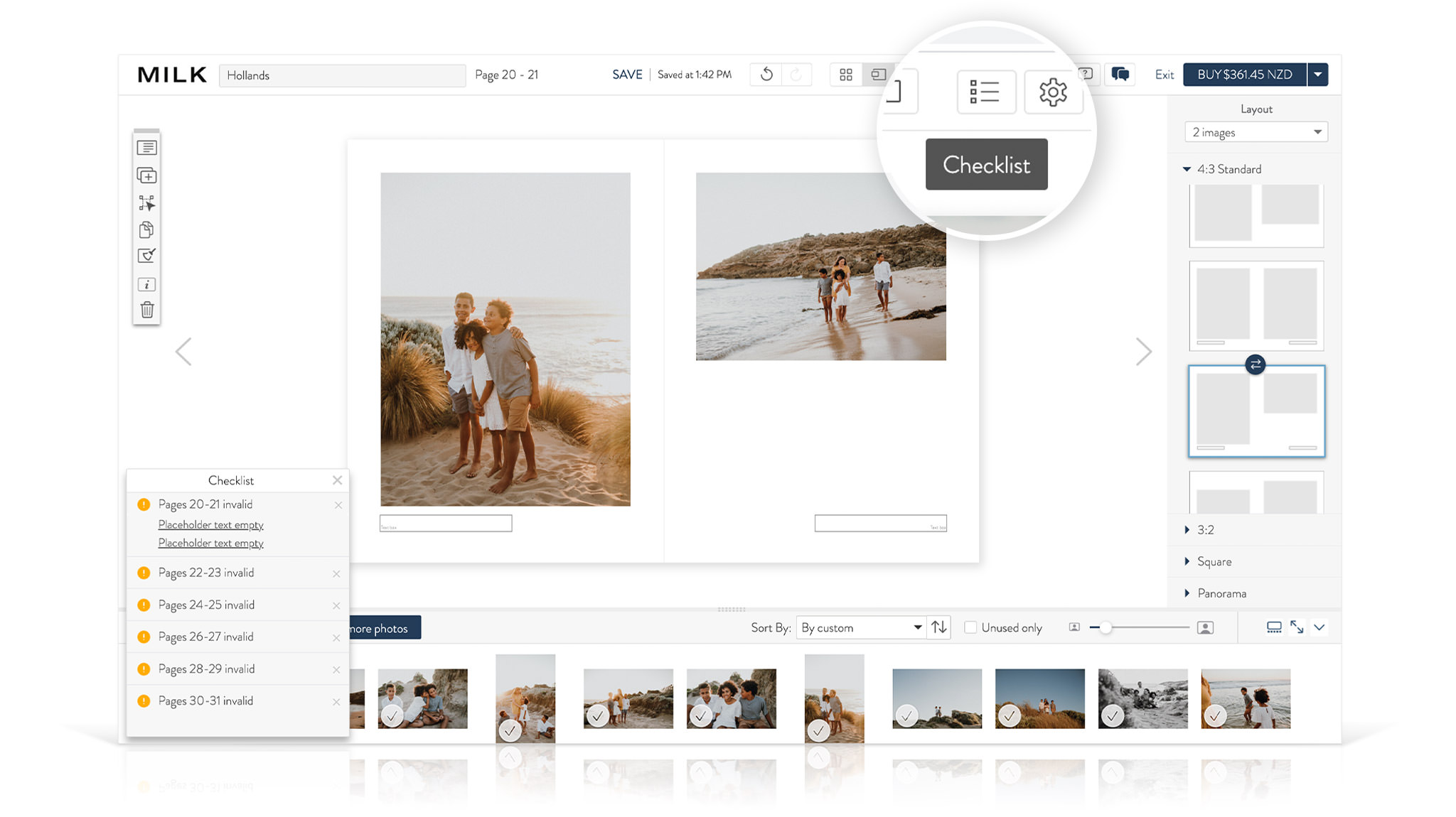 MILK Design-Studio avec zoom sur l'outil liste de contrôle.