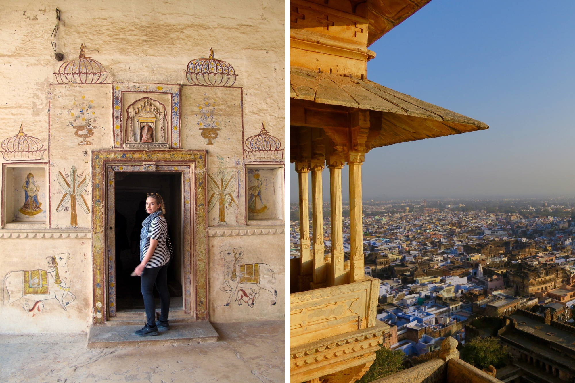 Woman walking through temple with historic writing and drawings on stone walls.