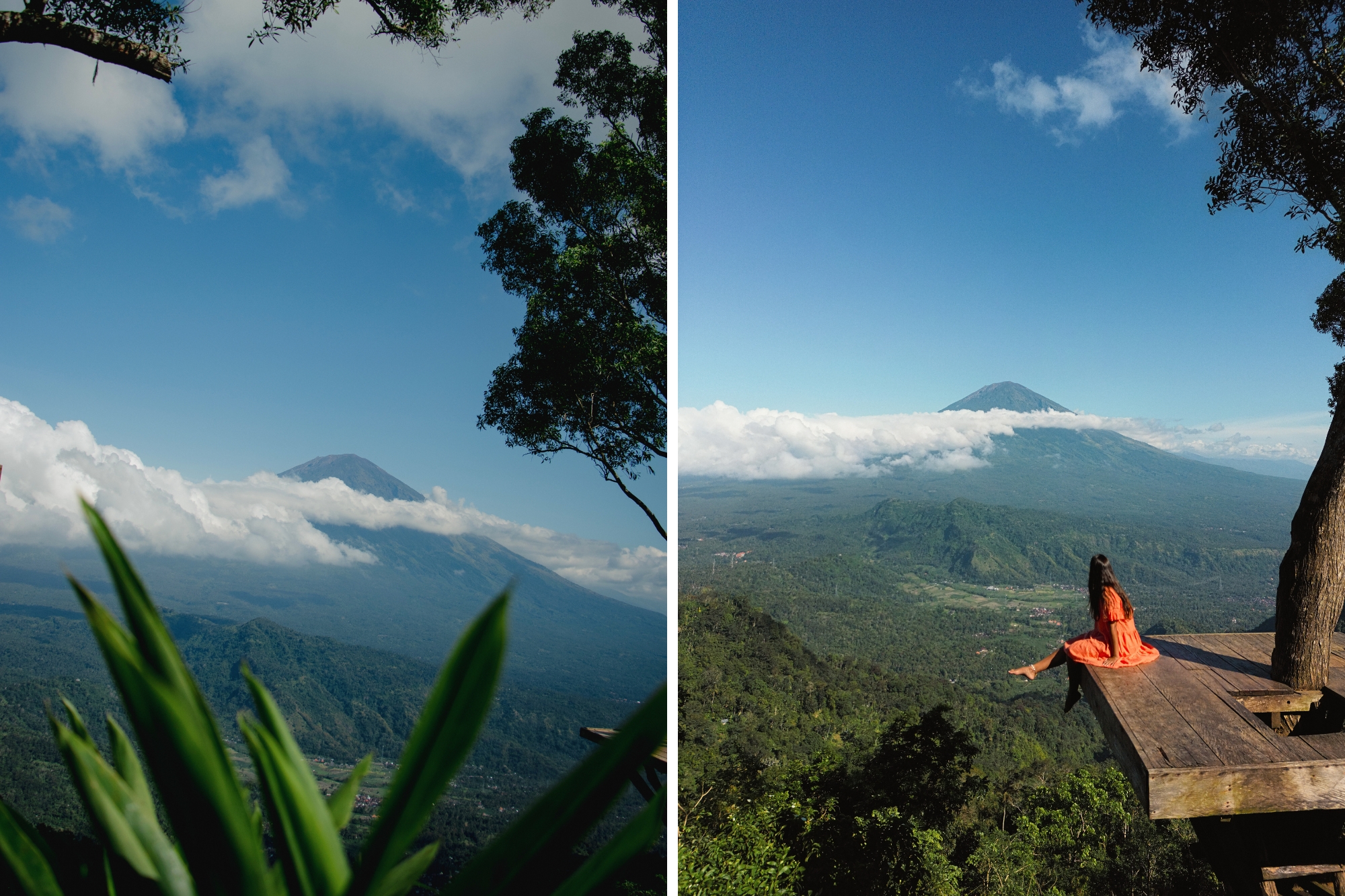 Woman sitting at edge of platform on a tree overlooking mountains and a village.