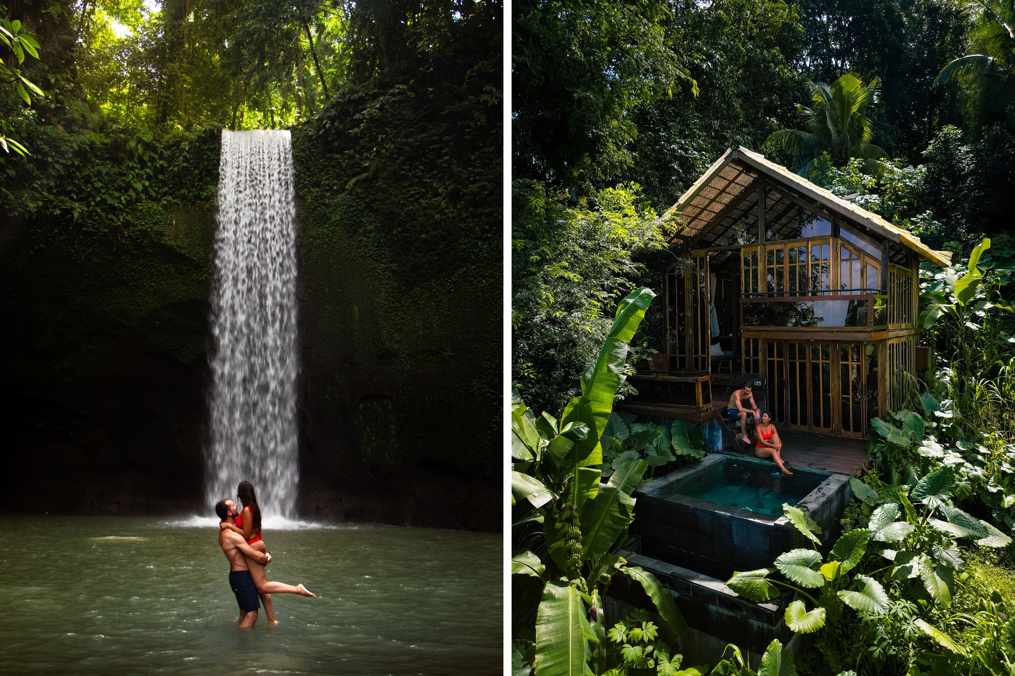 A couple embracing in swimwear while in the pool of a waterfall in the middle of dense forest.