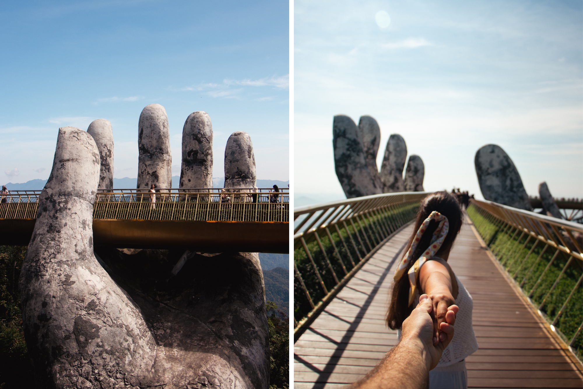 Couple walking hand in hand across the Golden Bridge in Vietnam.