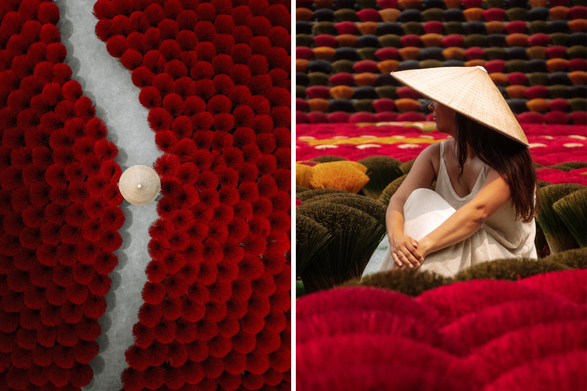 Woman sitting wearing rice paper hat in the middle of Quang Phu Cau Incense Village in Vietnam.