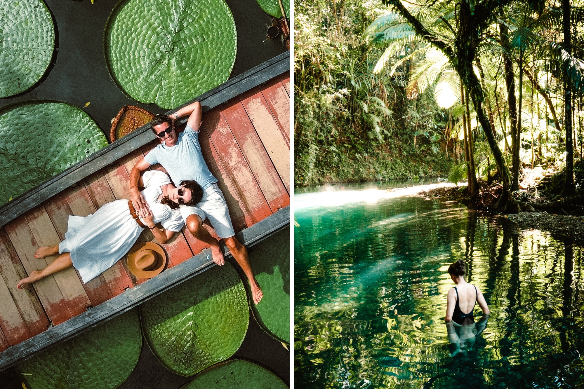 Couple lying on boardwalk over large lily pads.