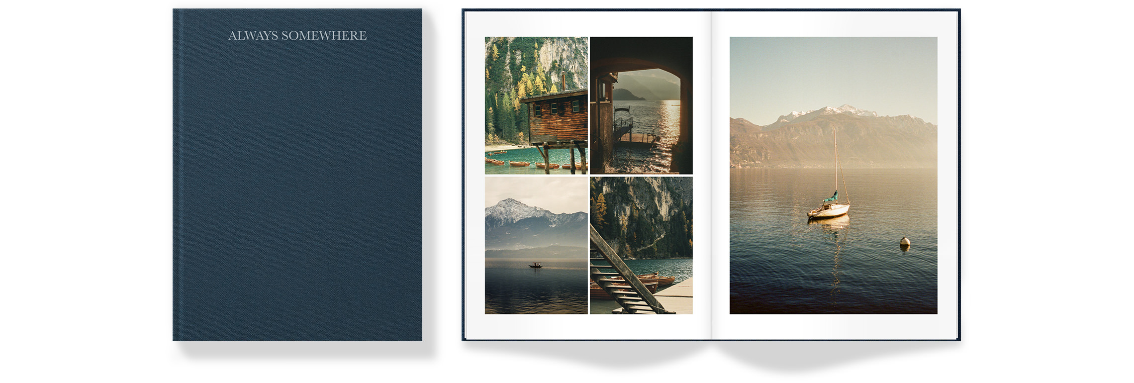 Open Deep Blue Portrait Premium Photo Book with travel photos inside.