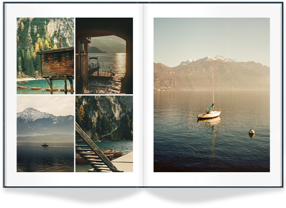 Open Deep Blue Portrait Premium Photo Book with travel photos inside.